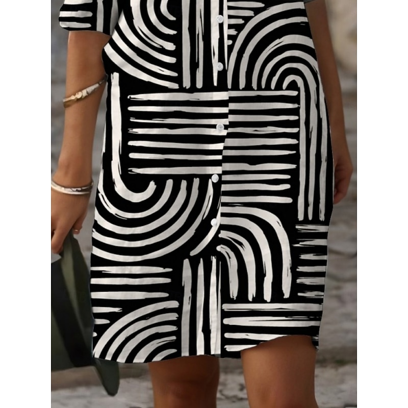 Women's Mini Dress Shirt Dress Casual Dress Print Dress Fashion Modern Outdoor Daily Weekend Regular Fit Line 3/4 Length Sleeve Shirt Collar Black Summer Spring Fall Autumn2