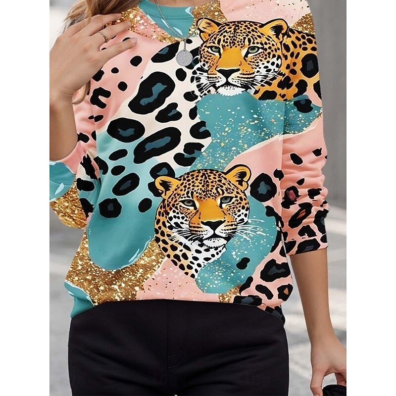 Women's Pullover Sweatshirts Animal Leopard Active Cute Classic Long Sleeve Crew Neck Round Neck Regular Tops Home Work Dailywear Print Pink Summer Spring Fall Spring, Fall, Winter, Summer3