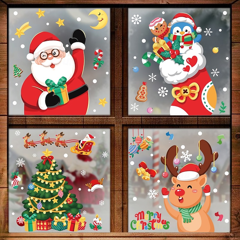 4 Sheets Christmas Window Cling Wall Sticker Decals Decorations, Snowflakes, Santa Claus, Reindeer, Snowmen & Wreaths, Merry Christmas, Static Cling, Holiday Home & Store Decor