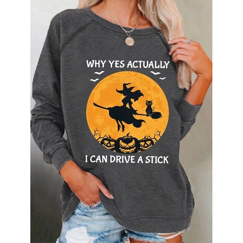 Halloween Women's Sweatshirts Graphic Fashion Casual Long Sleeve Crew Neck Regular Tops Casual Print Black White Light Grey Dark Gray Summer Spring Fall