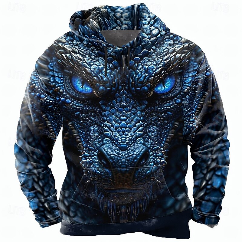 Men's Dragon 3D Hoodie Sweatshirt Cool Party Crew Neck Club Streetwear Blue Purple Drawstring Fall Winter Designer