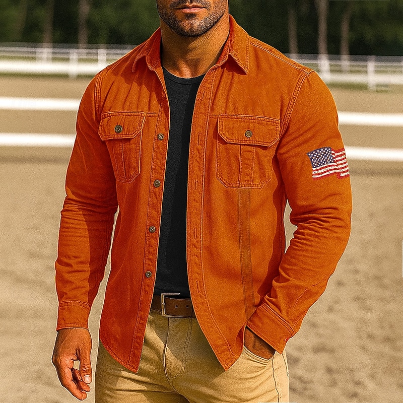 Men's American US Flag Work Shirt Western Shirt Cargo Shirt Long Sleeve Casual Tactical Sports Outdoor WorkWear Spring Fall Turndown Front Two Pockets Button Up Shirts Black Army Green Red Blue Orange3