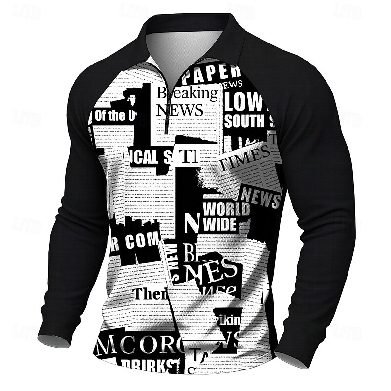 Men's Newspaper Polo Long Sleeve Polo Shirts Casual Outdoor Street Daily Wear 3D Print Quarter Zip Polo Spring Fall Winter Black White2
