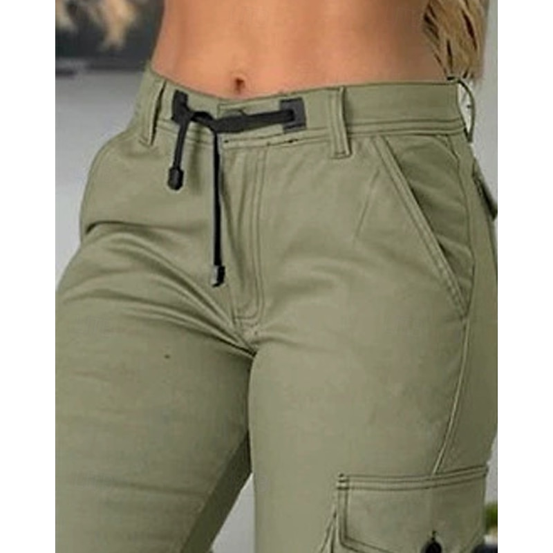 Women's Slacks Parachute Pants Streetwear Casual Full Length High Rise Plain Pocket Buckle Comfortable Street Holiday Daily Wear Green Fall Regular Fit2