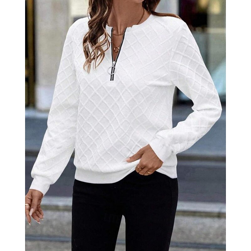 Women's Texture Sweatshirt Sweatshirts Zip Up Sweatshirts Plain Streetwear Casual Comfy Long Sleeve High Neck Regular Tops Street Holiday Going out Half Zipper Quarter Zipper Quarter Zip White Spring3