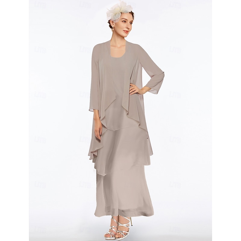 Beach Wedding Sheath Mother of the Bride Dress Elegant Simple V Neck Ankle Length Chiffon Sleeveless with Tier Solid Color