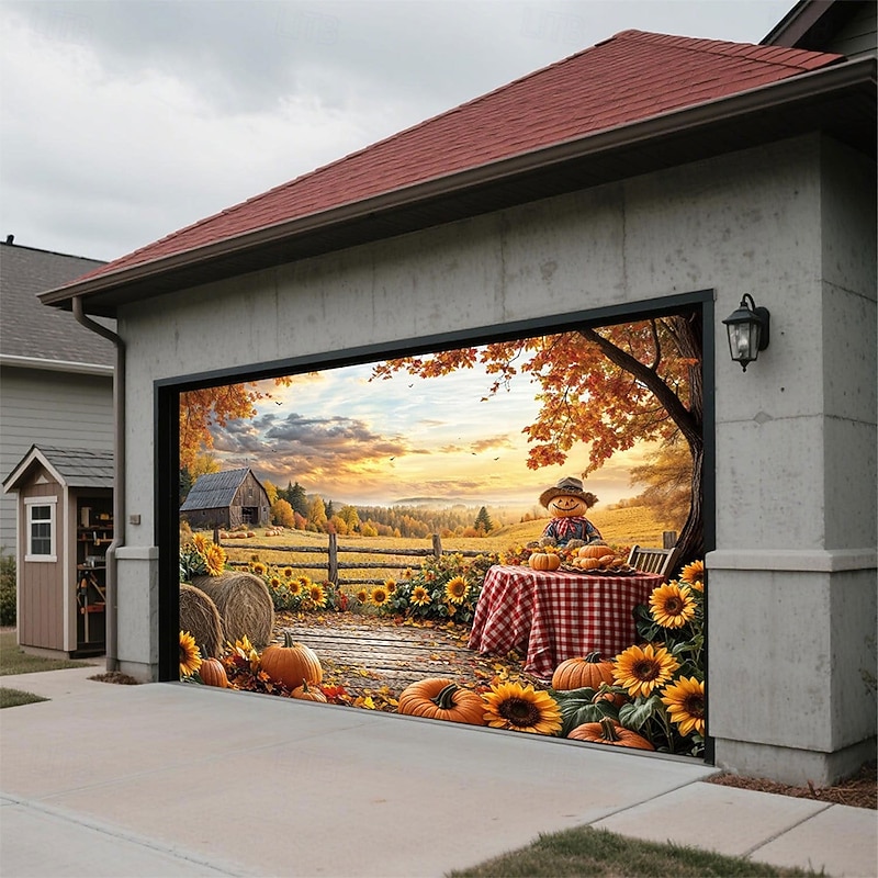 Halloween Garage Door Cover Large Hanging Backdrop Pumpkin Rustic Cottagecore Party Outdoor Shooting Backgrounds Front Door Home Decor4