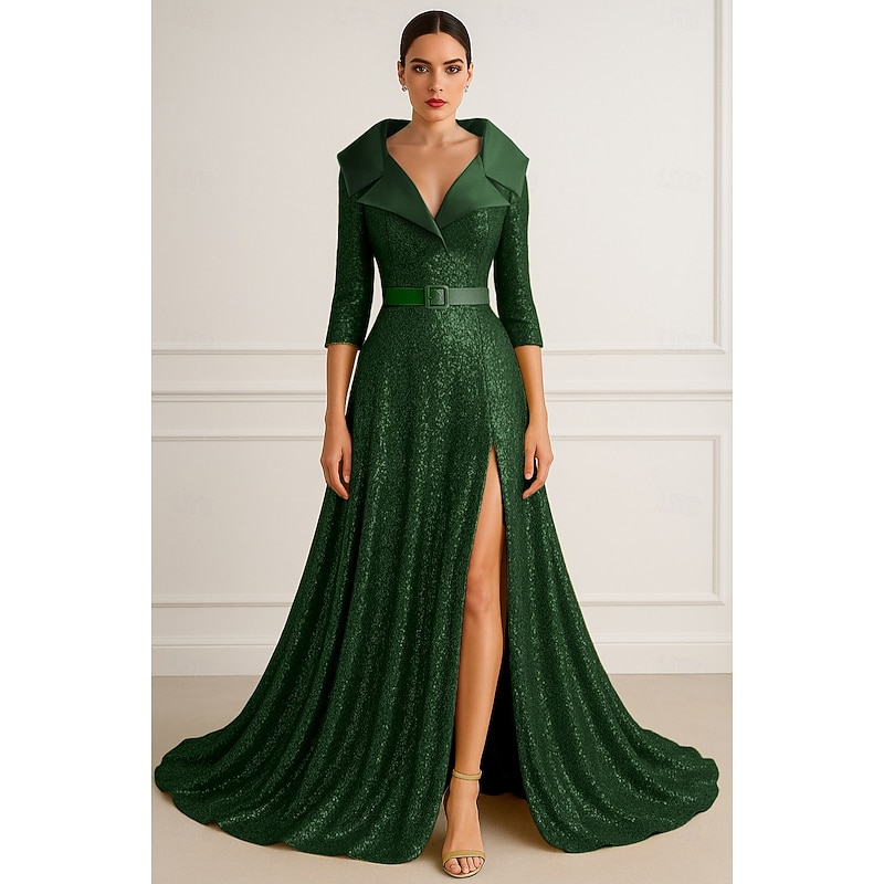 Green Gold Black Sequined A-Line Evening Gown Elegant Dress Formal Wedding Floor Length Half Sleeve Lapel Belt / Sash Satin with Glitter Pleats 2025