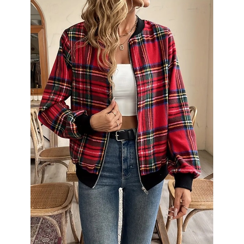 Women's Casual Jacket Warm Quick Dry Zipper Pocket Elegant Fashion Daily Simple Geometric Vacation Casual Daily Holiday Regular Baseball Collar Regular Fit Long Sleeve Outerwear Red Drak Red Fall