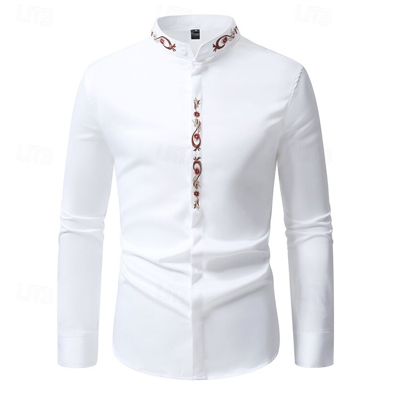 Men's Shirt Summer Shirt Casual Shirt Beach Shirt Button Up Shirt Black White Navy Blue Royal Blue Blue Long Sleeve Floral Band Collar Vacation Hawaiian Embroidery Clothing Apparel Polyester Fashion3