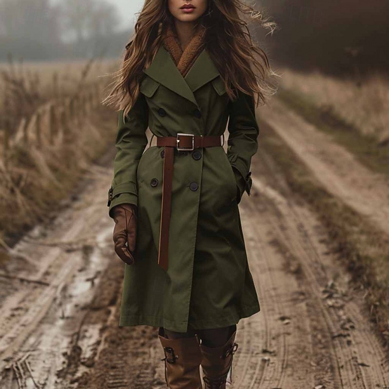 Women's Trench Coat Warm Comfortable Pocket Buttons Fashion Outdoor Plain Going out Casual Daily Weekend Double Breasted Long Turndown Regular Fit Long Sleeve Outerwear Black Red Army Green Fall