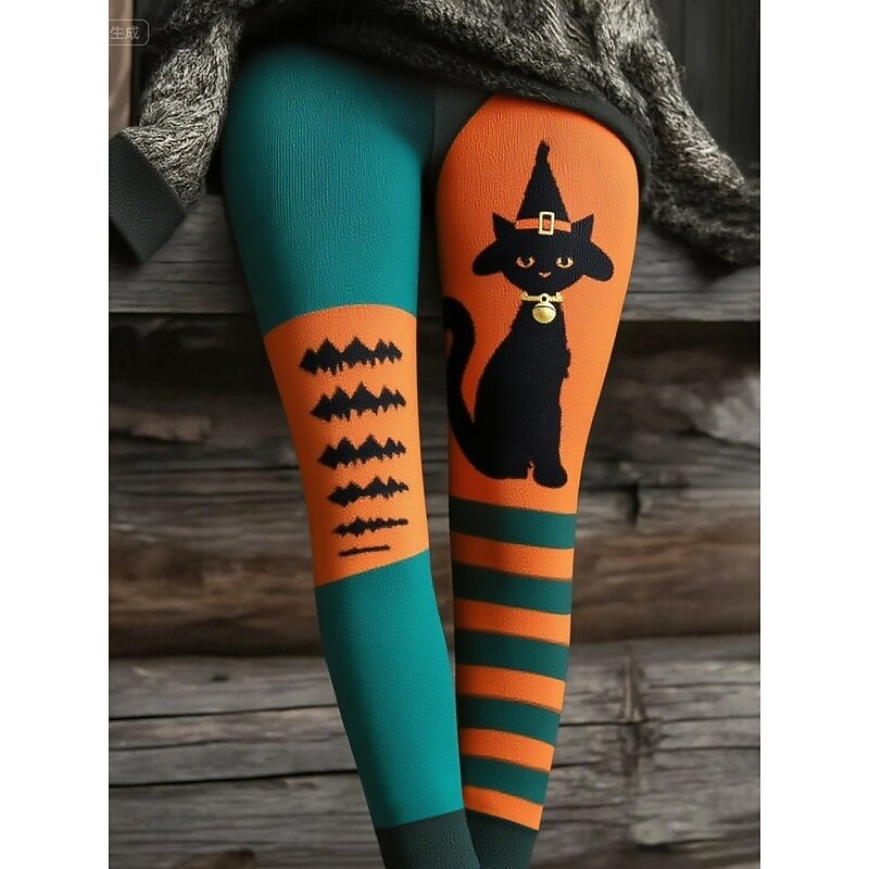 Women's Pants Trousers Leggings Cozy Leggings Streetwear Casual Full Length High WaistPantsHalloween Cat Elastic Waist Print Breathability Comfortable Stretchy Vacation Street Daily Wear Blue Summer