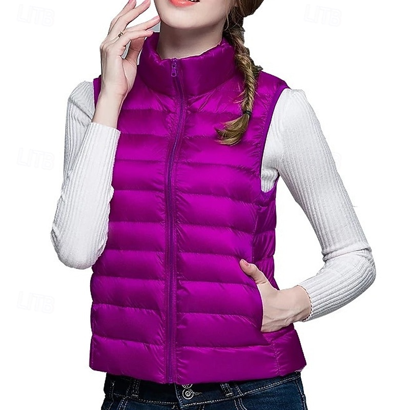 Women's Puffer Vest Vest Warm Comfortable Zipper Pocket Fashion Modern Casual Plain Going out Weekend Zipper Regular Stand Collar Regular Fit Sleeveless Outerwear Black Pink Wine Winter