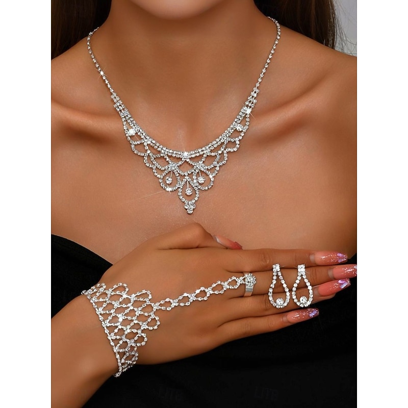 Women's Crystal Bridal Jewelry Set - Elegant Rhinestone Necklace, Bracelet, Ring and Earrings for Weddings, Proms and Formal Occasions