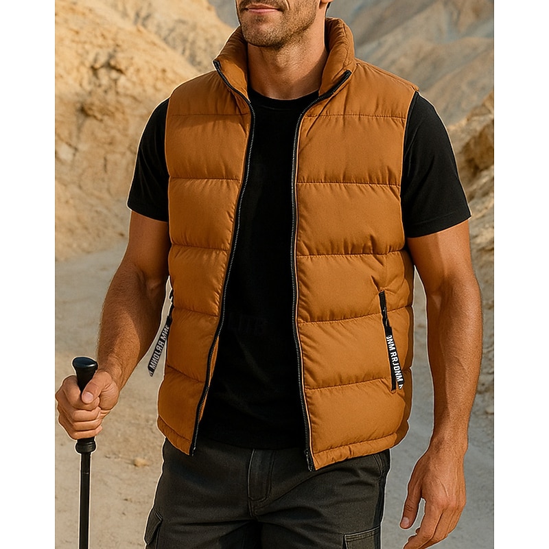 Men's Hiking Vest Puffer Vest Sleeveless Vest Outdoor Thermal Warm Windproof Winter Zipper Pocket Polyester Black White Yellow Hunting Fishing Climbing