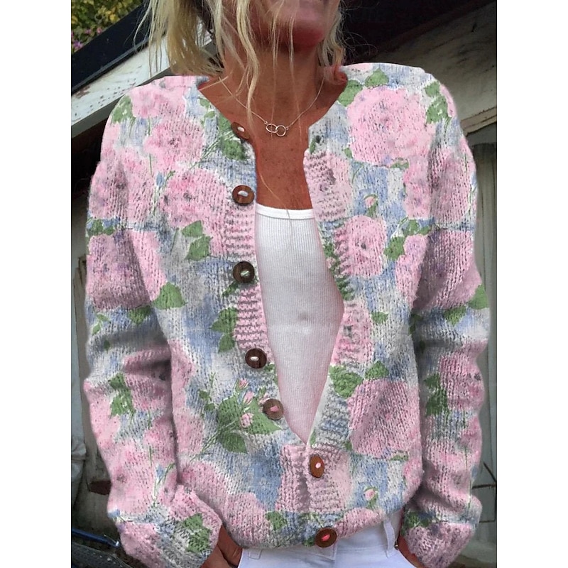 Women's Cardigan Sweater Knitted Ribbed Button Front Round Neck Long Sleeve Lightweight female Fashion Daily Casual Floral Graphic Buttons Print Knit Outdoor Daily Date Pink Orange Fall Winter2