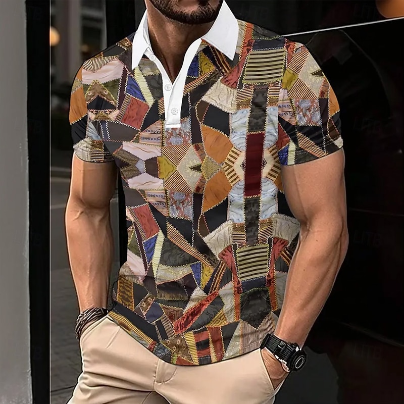 Men's Geometic Polo Short Sleeve Polo Shirts Collared Shirts Casual Athleisure 3D Print Buttons Summer Blue Brown Green