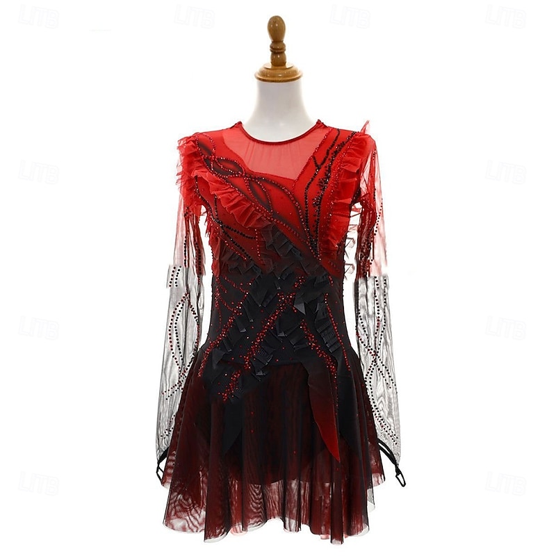 Figure Skating Dress Women's Girls' Ice Skating Dress Black+Red Open Back Asymmetric Hem Mesh High Elasticity Training Competition Skating Wear Classic Crystal / Rhinestone Long Sleeve Ice Skating Figure