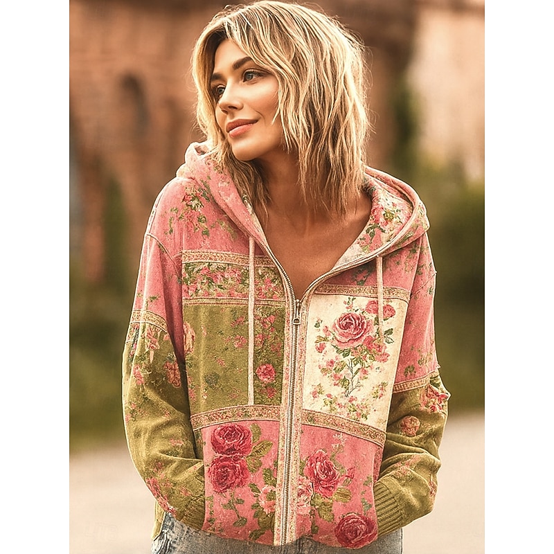 Women's 3D Print Vintage Boho Hoodie Patchwork Hoodie Sweatshirt Floral Zip Up s Floral Punk Active Vintage Long Sleeve Hooded  Home Dailywear Casual Patchwork Pink Dark Pink Purple Beige Fall Winter3