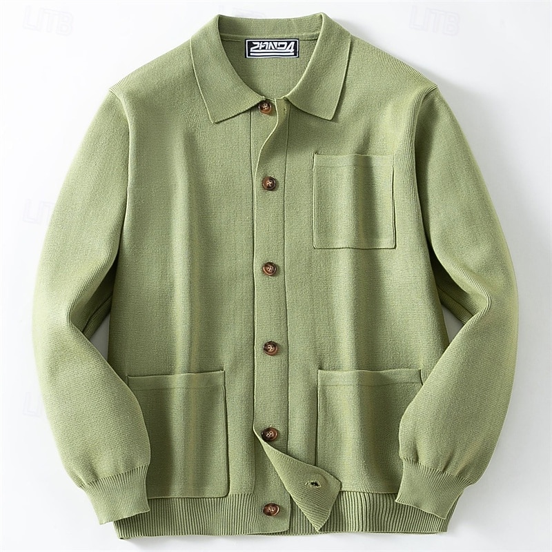 Men's Cardigan Sweater Cropped  Sweater Knit Sweater Ribbed Knit Regular Tops Button Up Pocket Plain Lapel Fashion Classic Vacation Daily Wear Clothing Apparel Fall Winter Green khaki M L XL3