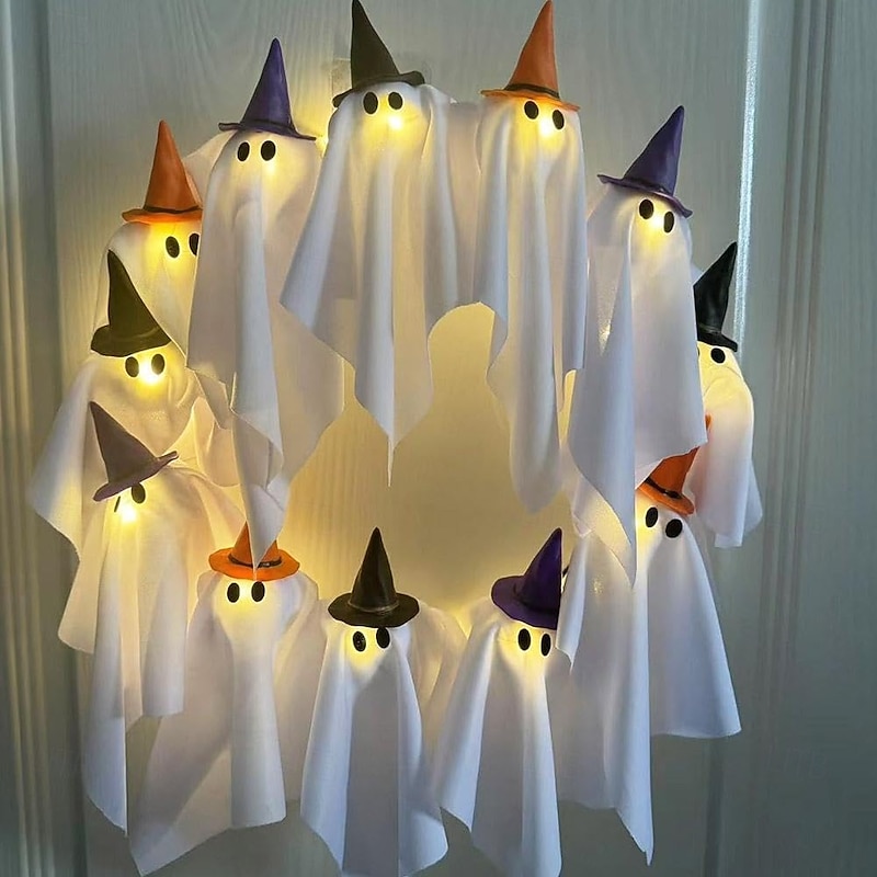 Halloween Ghost Wreath with Lights 16 Inch 12 LED Little Light-Up White Ghost Garland Spooky Ghosts Halloween Wreaths for Front Door Hanging Witch Hat Ghost for Home Party Door Decor