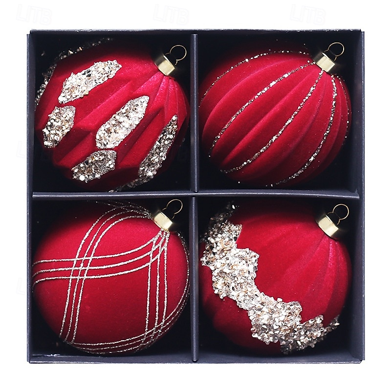 4 pcs Christmas Tree Balls Baubles Ornaments, 10 cm/3.94 inch Xmas Decoration, Glitter Velvet Painted Hanging Set, Premium Holiday Tree Decor3