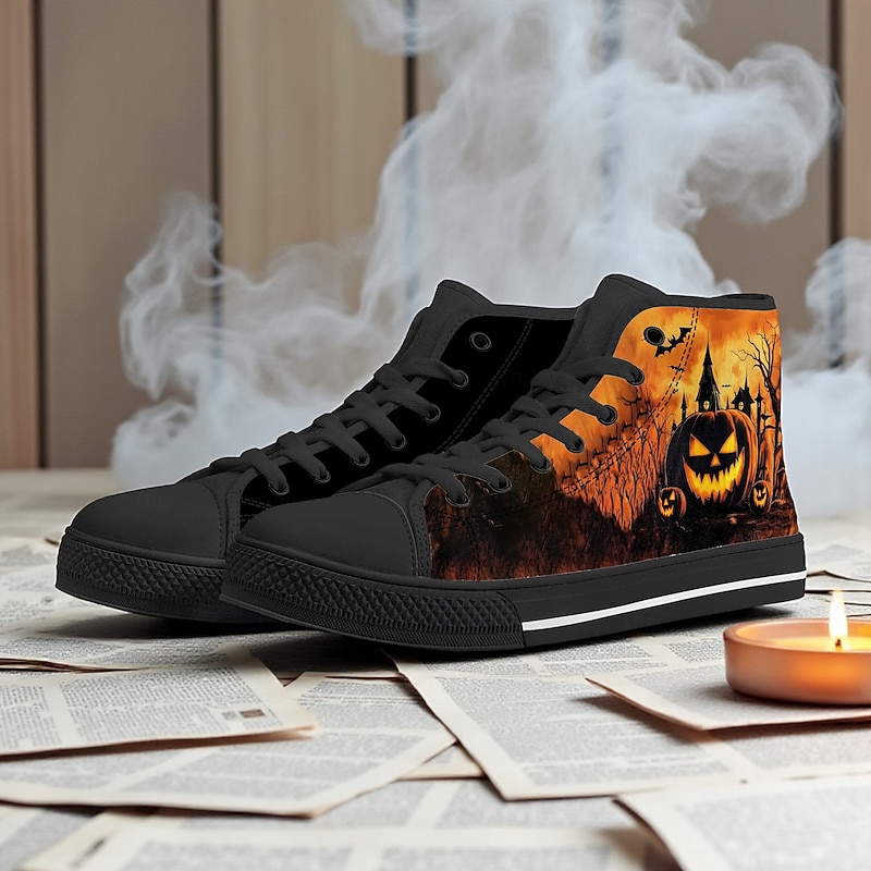 Men's Orange / Black High Top Sneakers with Halloween Pumpkin Print – Casual Festival Canvas Shoes for Party, Streetwear and Everyday Wear