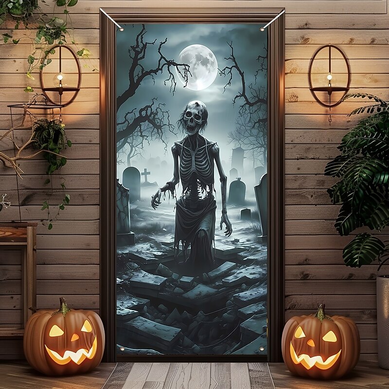 Halloween Tapestry Door Cover Outdoor Banners Skeleton Zombies Psychedelic Dark Punk Gothic Style Party Outdoor Shooting Backgrounds Front Door Wall Porch Home Decor2