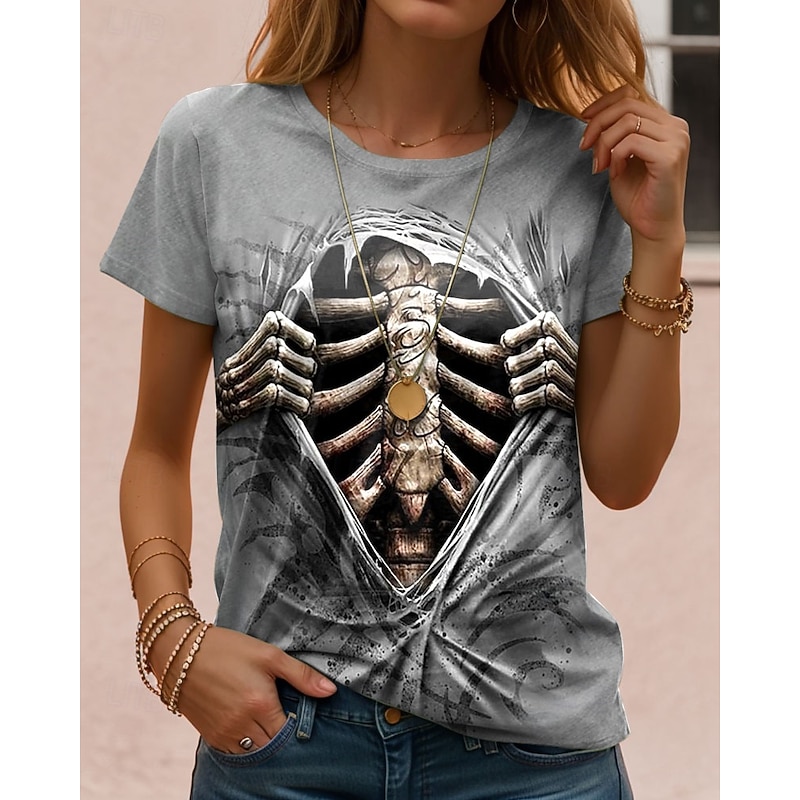 Halloween Women's T Shirt Skulls Graphic Skeleton Vintage Stylish Casual Short Sleeve Crew Neck Regular Tops Daily Going out Weekend Print Pink Green Khaki Gray Summer