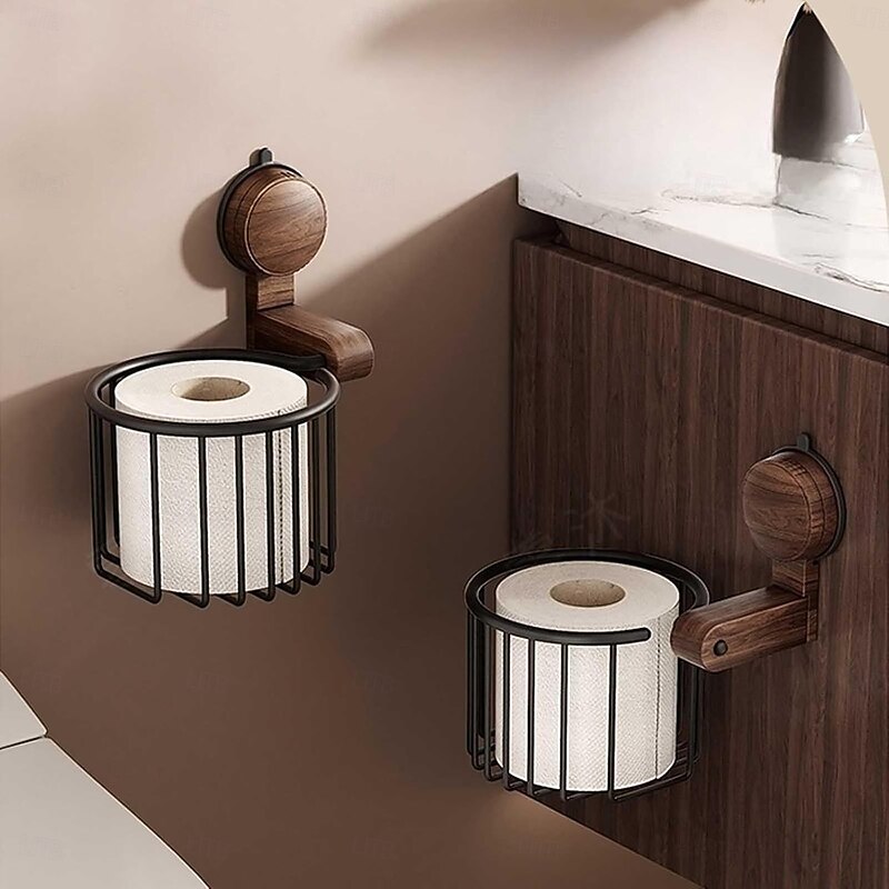 Walnut Wood Toilet Paper Holder No-Drill Self-Adhesive Bathroom Organizer Space-Saving Storage Rack for Kitchen or Bathroom