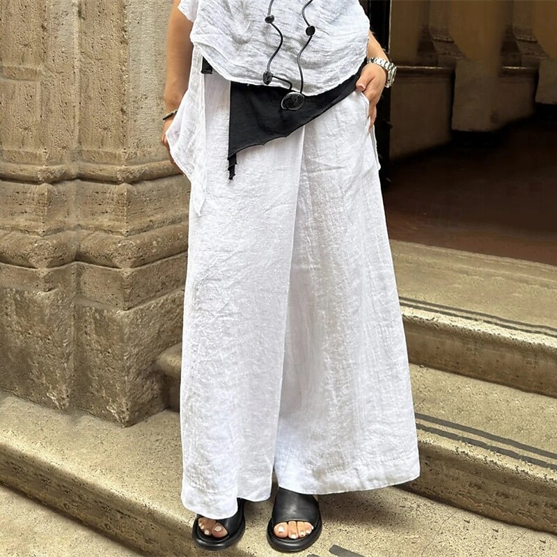 Women's Wide Leg Linen Pants Pants Trousers Fashion Streetwear Full Length High Waist Plain Pocket Breathability Comfortable Street Daily Wear Going out Camel Black White Gray Spring Fall Regular Fit4
