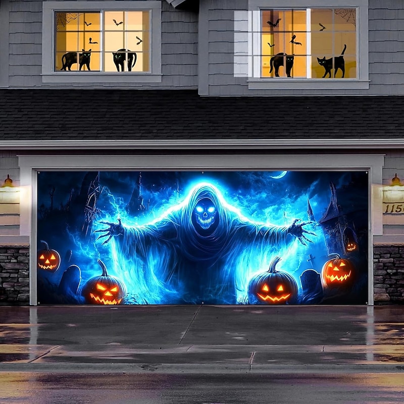 Halloween Garage Door Cover Large Hanging Backdrop Pumpkin Ghost Dark Punk Gothic Style Party Outdoor Shooting Backgrounds Yard Haunted House Home Decor