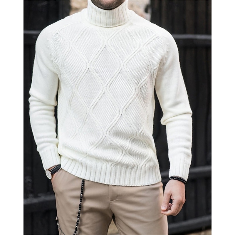 Men's Pullover Sweater Jumper Knit Sweater Ribbed Knit Regular Tops Knitted Plain Turtleneck Fashion Basic Vacation Daily Wear Clothing Apparel Fall Winter White Gray M L XL2