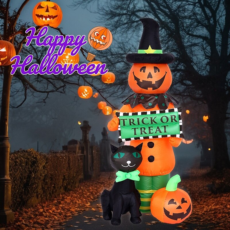1 Pc 1.8M/5.91FT 2025 New Halloween Pumpkin and Black Cat LED Inflatable Air Model Indoor and Outdoor Courtyard Lawn Garden Party Festival Atmosphere Decorative Light US/EU/UK/AU Plug2