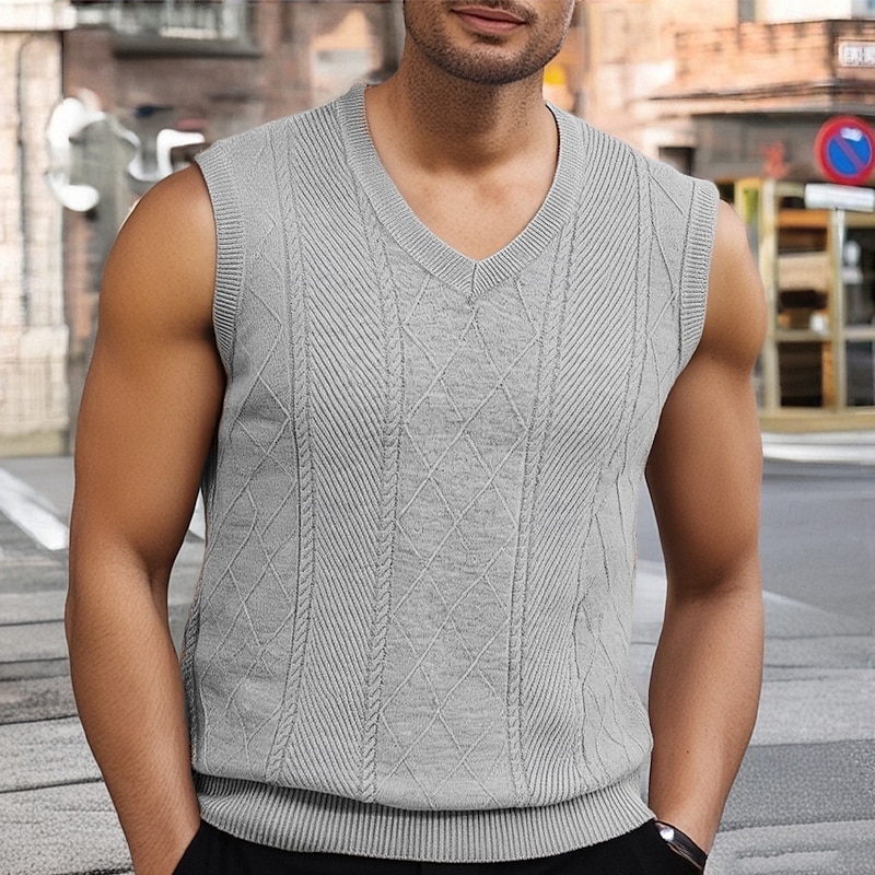 Men's Sweater Vest Dress Sweater Pullover Sweater Jumper Vest Knit Sweater Ribbed Knit Regular Tops Knitted Plain V Neck Fashion Casual Vacation Daily Wear Clothing Apparel Spring Fall Camel Navy Blue2