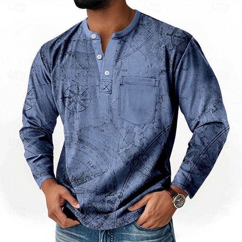 Men's Vintage Compass Henley Shirt T shirt Tee Long Sleeve Retro Vintage Casual Casual Spring Fall All Seasons Dark Red Blue Green Purple Henley Henley T-Shirt2