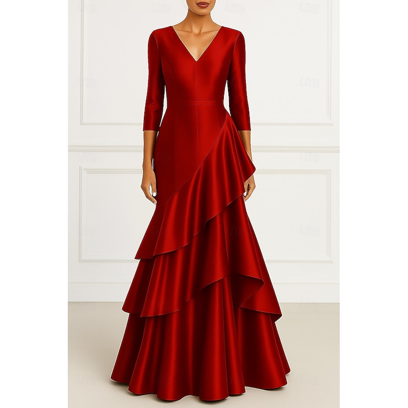 Blue Black A-Line Evening Gown Elegant Dress Formal Wedding Floor Length Long Sleeve V Neck Satin with Pleats Ruffles 2025