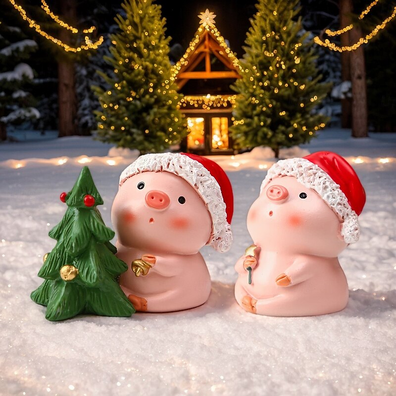 Christmas Decoration Cute Cartoon Pink Pig Holding Star and Christmas Tree Resin Mini Figurine Holiday Window Display and Christmas Gift Ornament