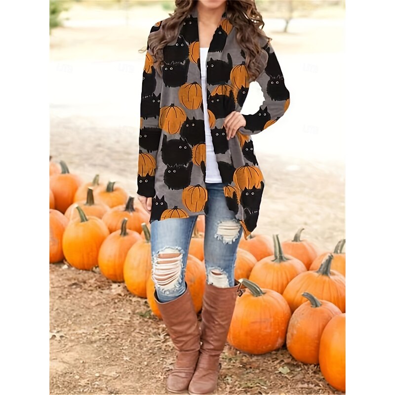 Halloween Women's Casual Jacket Lightweight Comfortable Black Cat Print Active Vintage Artistic Casual Black Cat Casual Short Collarless Regular Fit Long Sleeve Outerwear Orange Spring Fall3