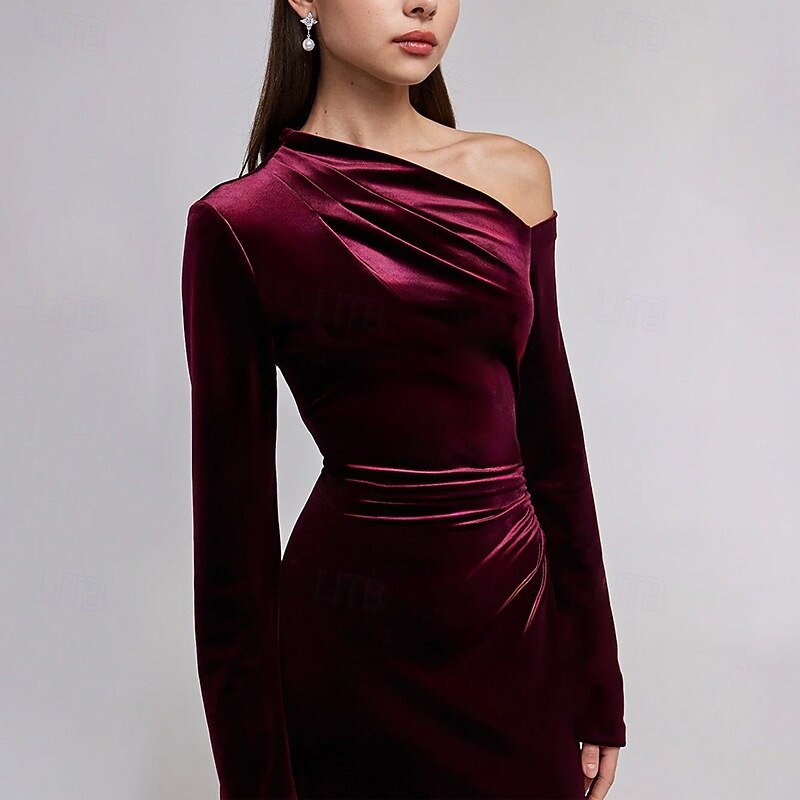Black Tie Stretch Velvet Sheath / Column Evening Gown Elegant Dress Formal Wedding Floor Length Long Sleeve One Shoulder with Pleats 20252
