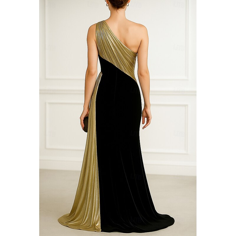 Black Gold A-Line Evening Gown Elegant Dress Formal Wedding Floor Length Sleeveless One Shoulder Velvet with Pleats 20252