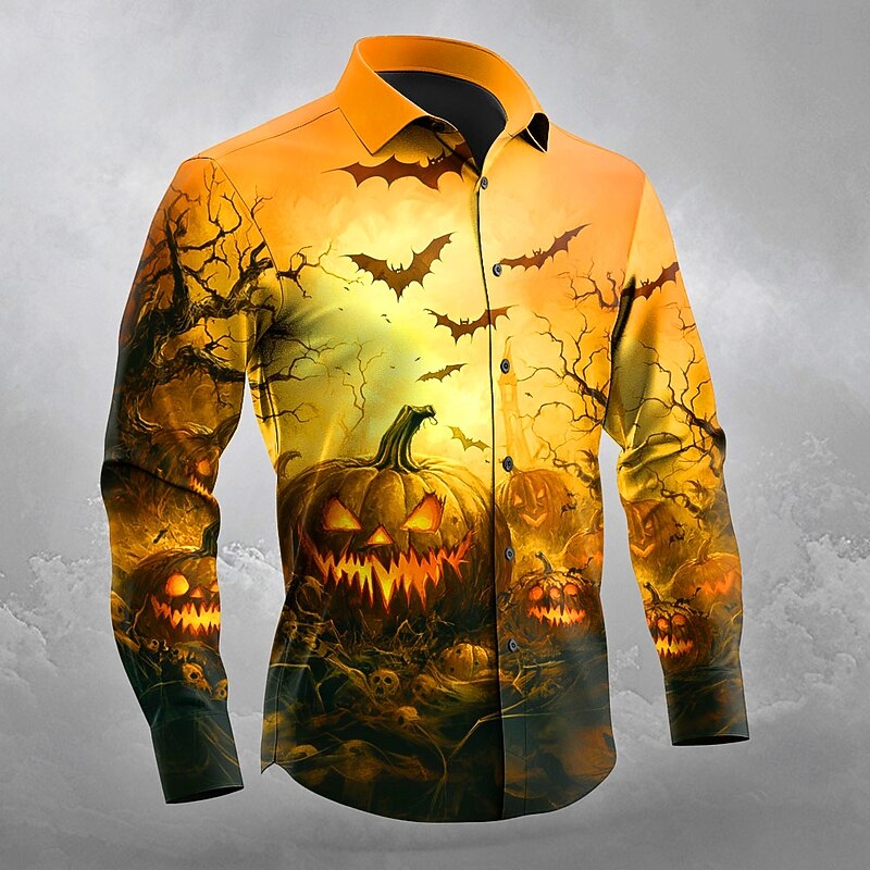 Halloween Men's Pumpkin Halloween Costumes Jack-o'-lantern Shirt Button Up Shirt Long Sleeve Dark Gothic Style Outdoor Holiday Spring Fall Turndown 3D Print Collared Shirts Orange red Yellow Black4