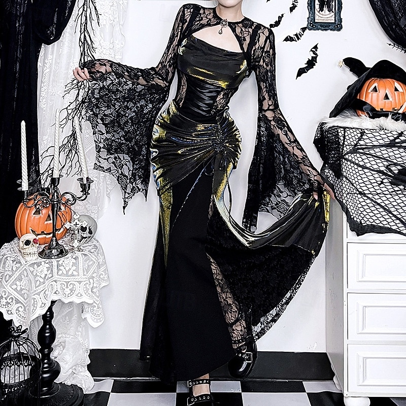 Gothic Maxi Dress Shrug Top Bell Sleeve Witch Morticia Addams Lace Velvet Floral Fancy Dress Women's Fantasy Halloween Carnival Performance Party Adults Top Dress