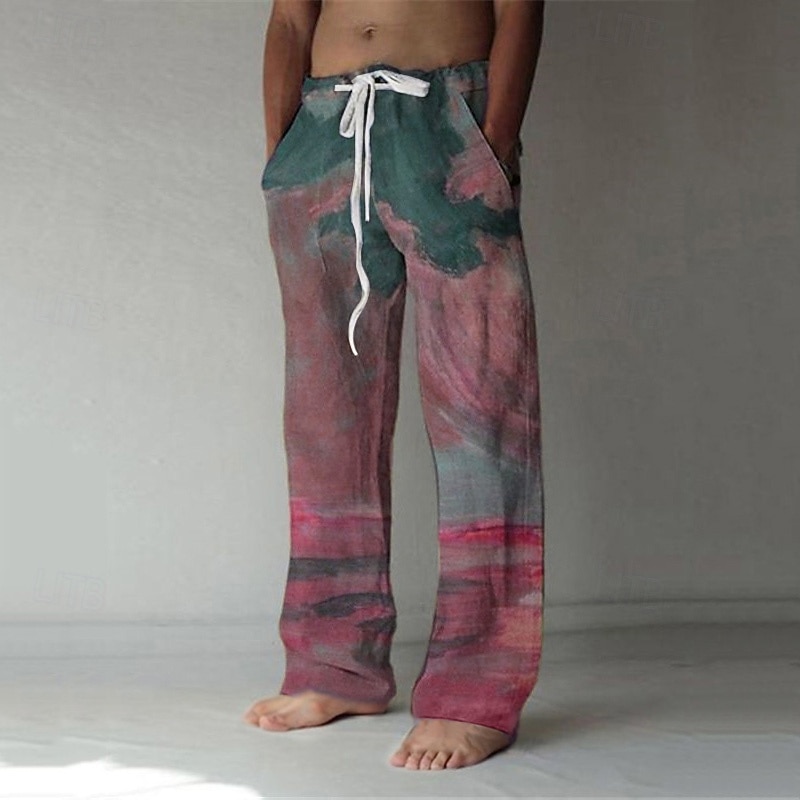 Men's Trousers Summer Pants Baggy Beach Pants Elastic Drawstring Design Front Pocket Straight Leg Graphic Prints Landscape Comfort Soft Casual Daily For Vacation Linen Like Fabric Fashion Streetwear3