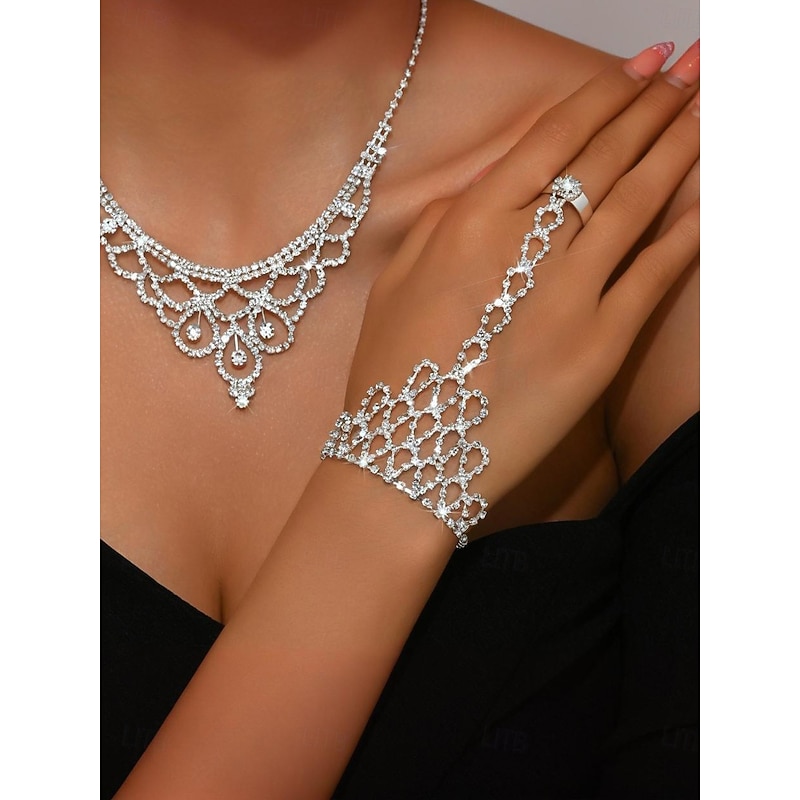Women's Crystal Bridal Jewelry Set - Elegant Rhinestone Necklace, Bracelet, Ring and Earrings for Weddings, Proms and Formal Occasions2