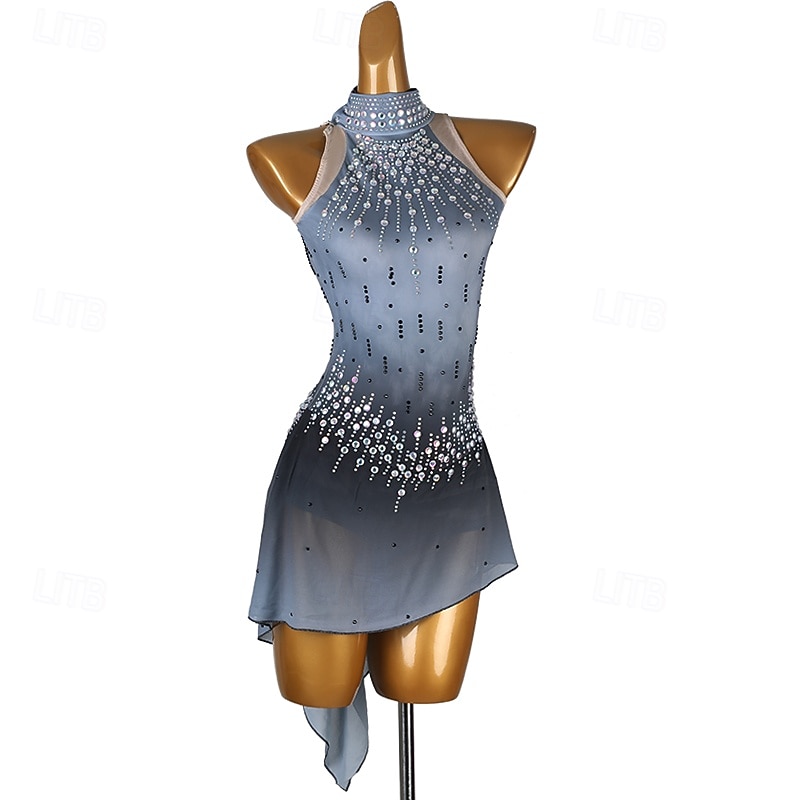 Figure Skating Dress Women's Girls' Ice Skating Dress Grey Patchwork Open Back Mesh Spandex High Elasticity Training Practice Professional Skating Wear Classic Crystal / Rhinestone Sleeveless Ice2