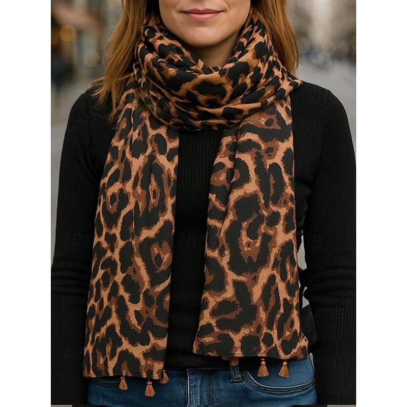 Women's Leopard Print Tassel Scarf – Soft Lightweight Oversized Wrap/Shawl with Fringe, Chic Boho Style for Fall/Winter, Casual Outfits, Office, Travel & Gift Giving
