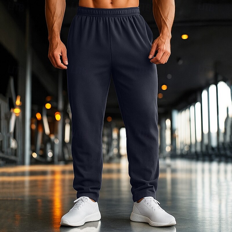 Men's Sweatpants Fleece Pants Joggers Trousers Straight Leg Sweatpants Elastic Waist Straight Leg Solid Color Plain Breathable Full Length Sports Outdoor Vacation Ethnic Style Black Navy Blue