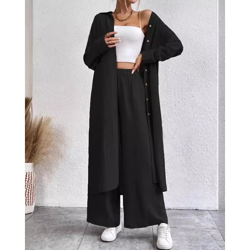 Women's Active Fashion Blouse Pants Sets Long Sleeve V Neck Solid Color Outdoor Vacation Holiday Black Green Light Blue Fall Regular Fit