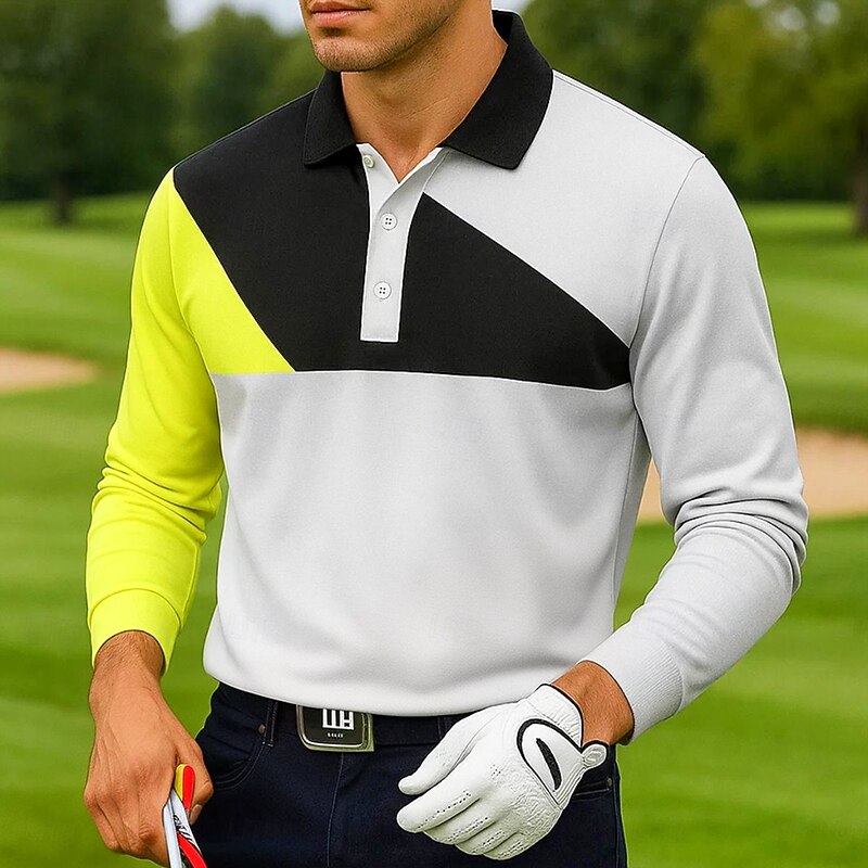 Men's Polo Shirts Golf Polos Shirts Street Business Turndown Ribbed Polo Collar Long Sleeve Fashion Basic Solid Color Geometric Color Block Fall Winter Cross-Seasons Regular Fit Red Green Polo Shirts